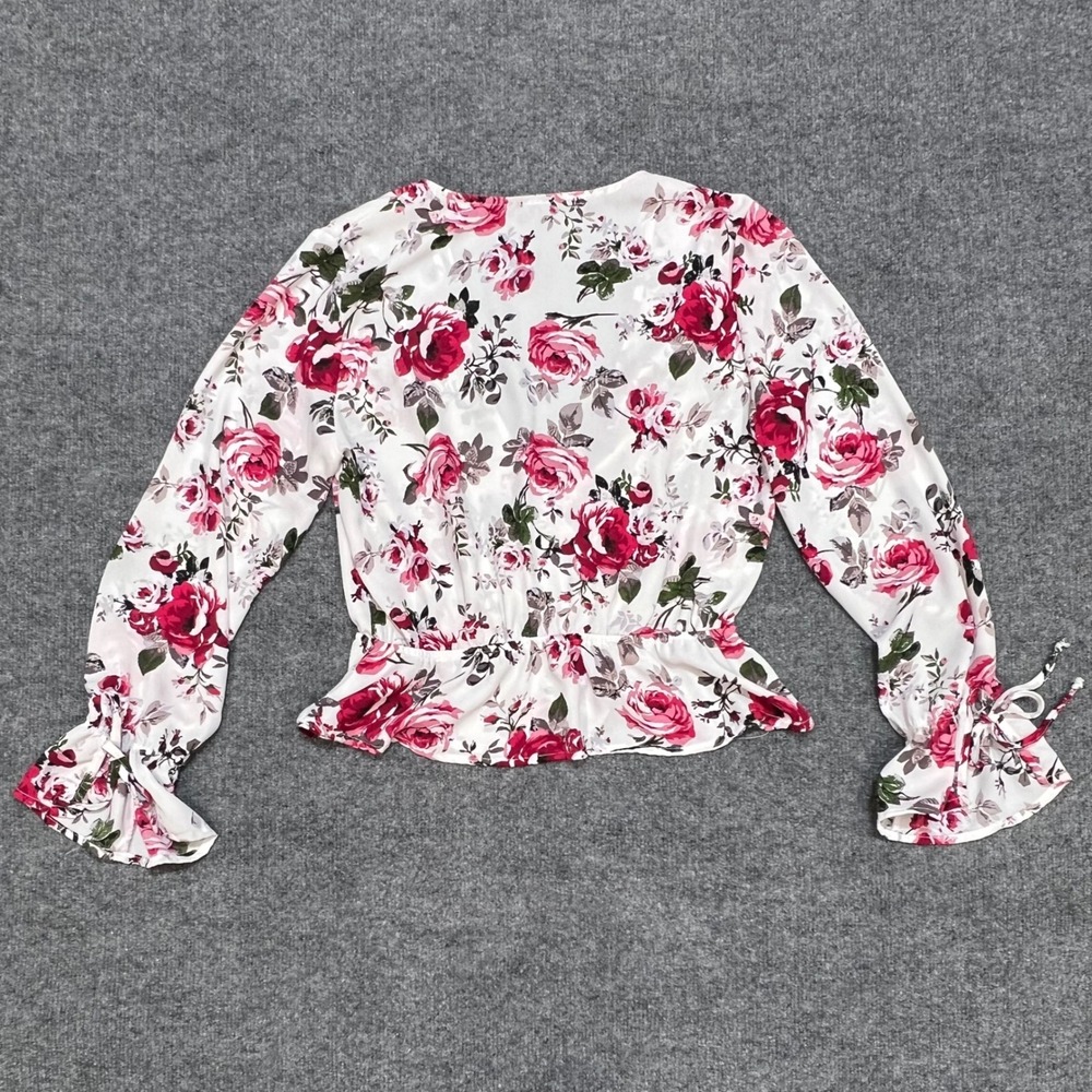 Ambiance Peplum Blouse Womens Large White Pink Floral Surplice Ruffle Cuff Top - Picture 5 of 9